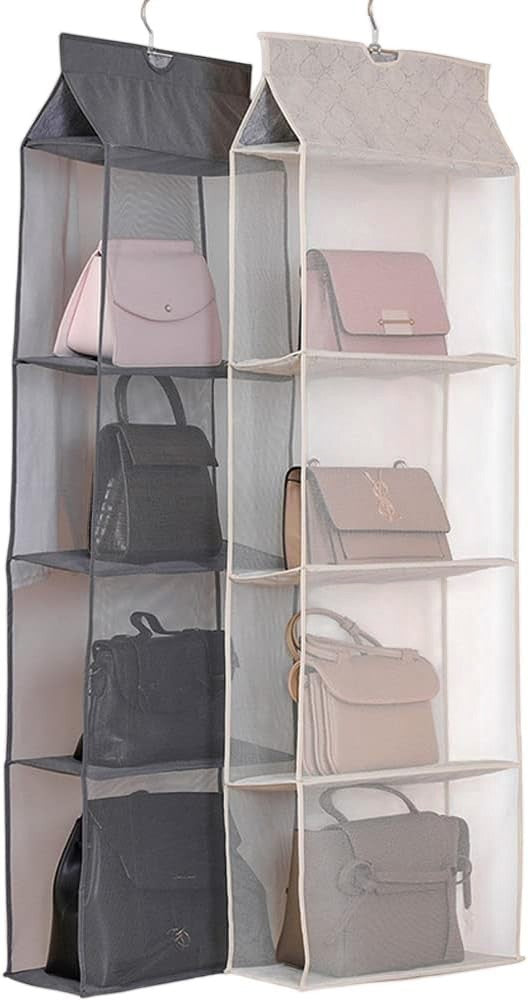 Waf Store Lebanon hanging handbag organizer with 4 mesh shelves in grey and beige for closet storage
