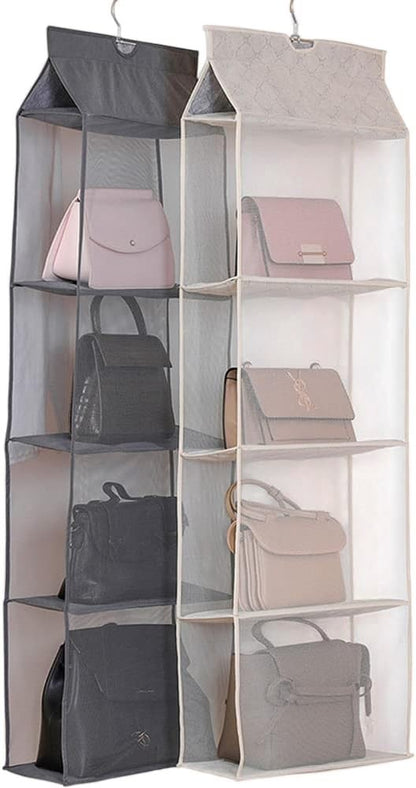 Waf Store Lebanon hanging handbag organizer with 4 mesh shelves in grey and beige for closet storage