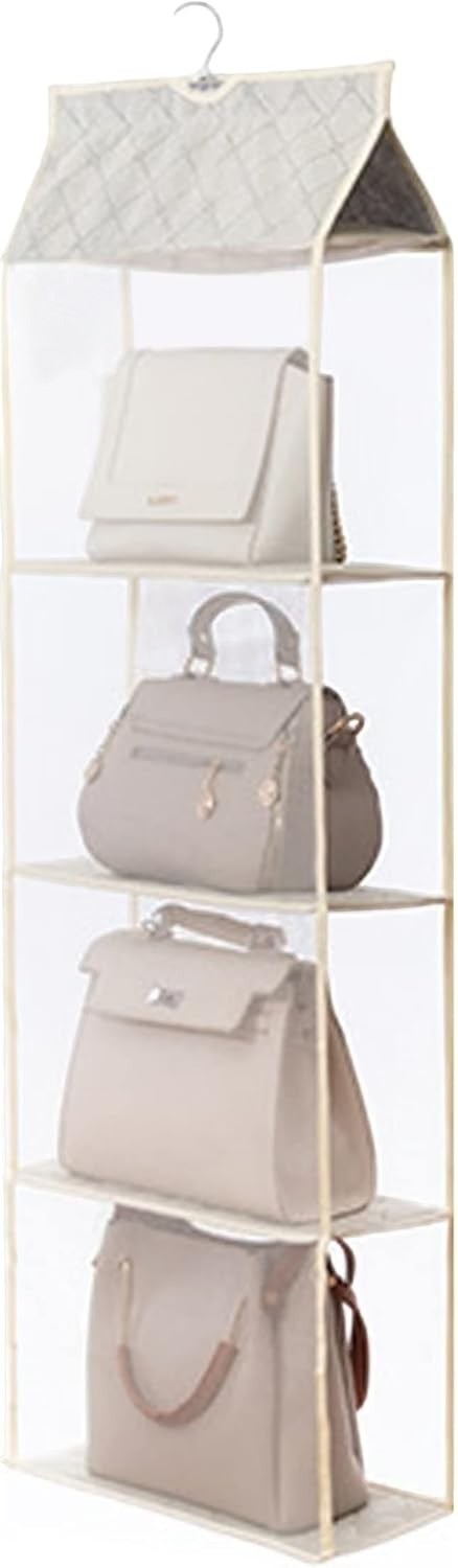 Waf Store Lebanon 4-tier hanging handbag organizer made of beige non-woven fabric and mesh for closet storage.