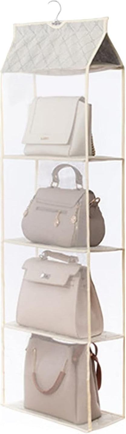 Waf Store Lebanon 4-tier hanging handbag organizer made of beige non-woven fabric and mesh for closet storage.