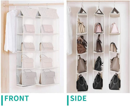 Waf Store Lebanon hanging handbag organizer with 4-layer mesh pockets for closet storage in beige non-woven fabric