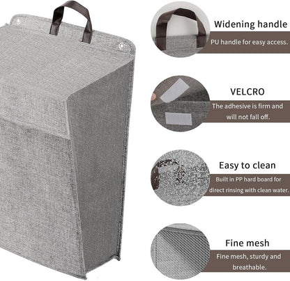 Waf Store Lebanon grey collapsible hanging laundry basket with PU handles, mesh sides, and adhesive wall mounting.