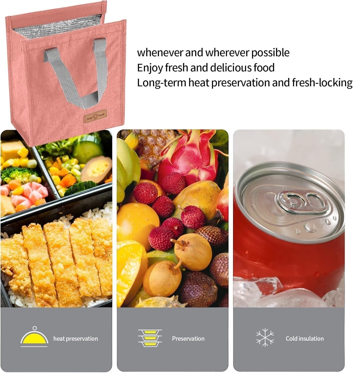 Waf Store Lebanon pink insulated lunch bag with grey handles, cationic fabric exterior, and aluminum foil lining.
