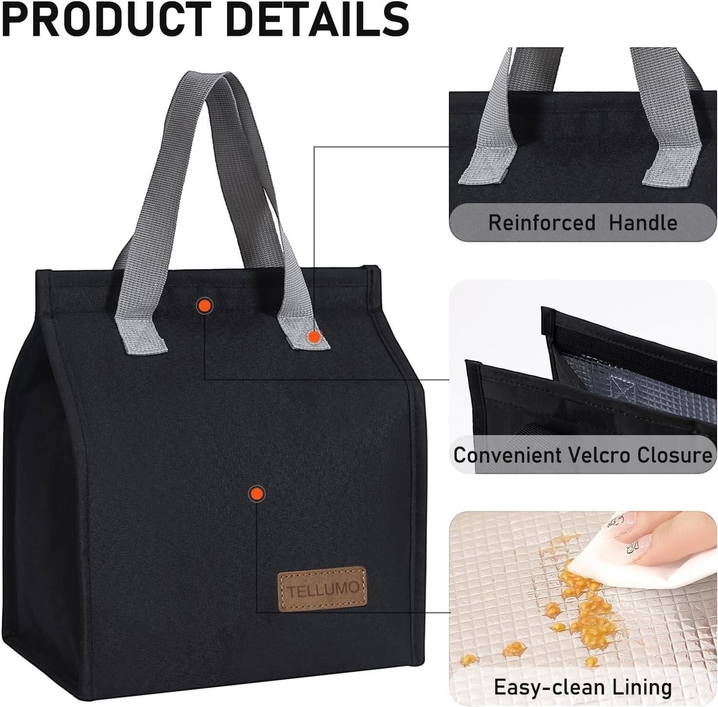 Waf Store Lebanon black insulated lunch bag with reinforced grey handles, velcro closure, and easy-clean foil lining.