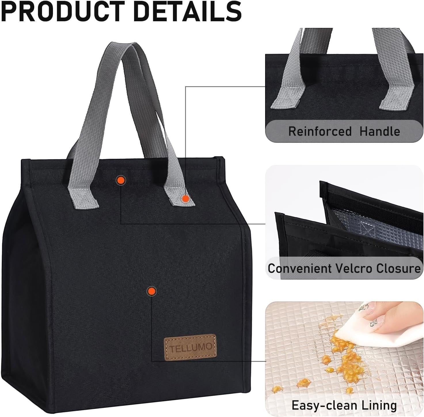 Waf Store Lebanon black insulated lunch bag with reinforced grey handles, velcro closure, and easy-clean foil lining.