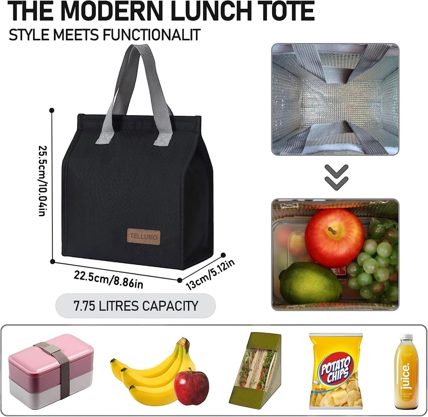 Waf Store Lebanon black insulated lunch tote with aluminum foil lining, showing dimensions and food storage capacity.