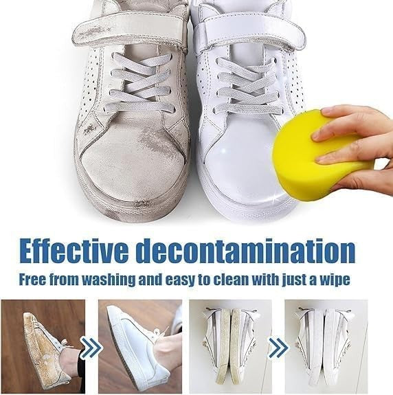 Waf Store Lebanon white shoe cleaning cream being applied with a yellow sponge to restore dirty leather sneakers.