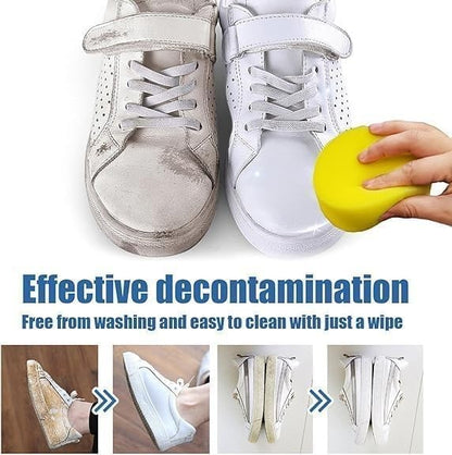 Waf Store Lebanon white shoe cleaning cream being applied with a yellow sponge to restore dirty leather sneakers.