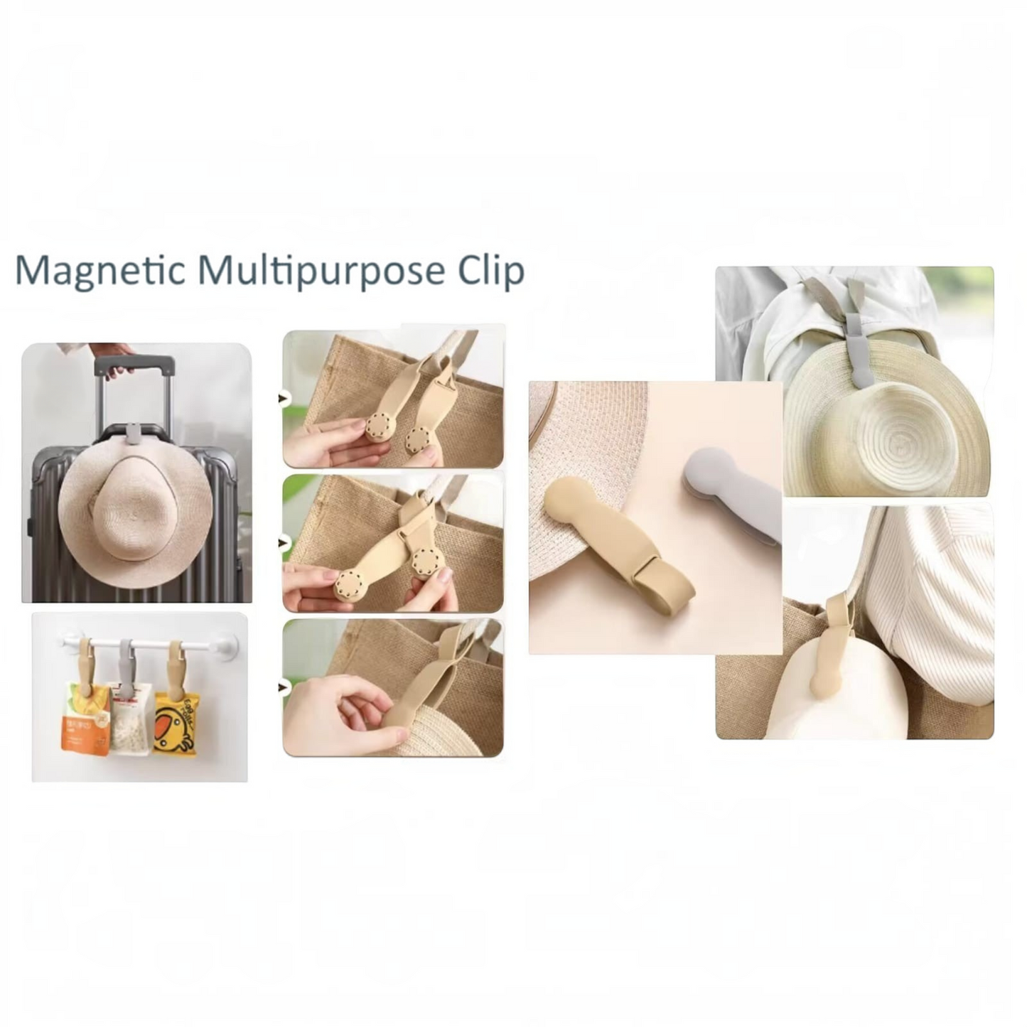 Waf Store Lebanon magnetic hat clip in beige and black silicone, shown attached to bags, luggage, and hats.