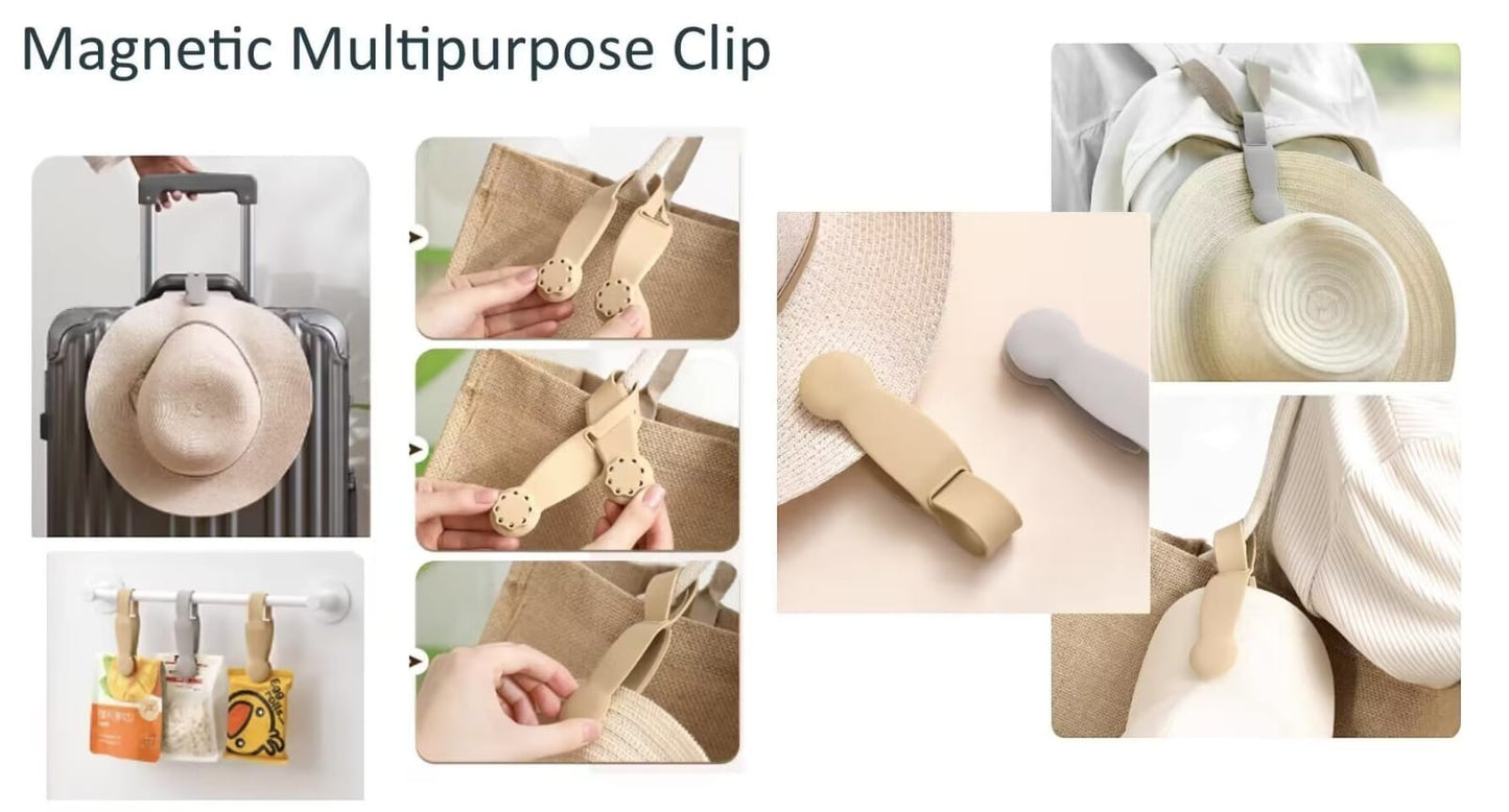 Waf Store Lebanon magnetic silicone hat clip attached to luggage, bags, and hats in beige and grey for travel storage.