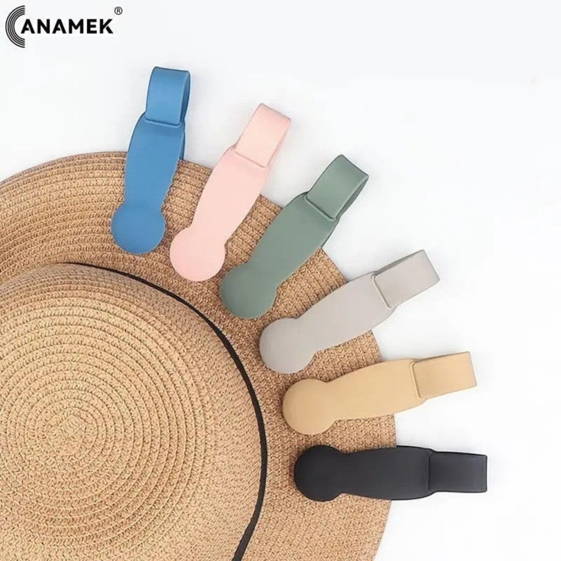 Waf Store Lebanon magnetic silicone hat clips in assorted colors arranged on a straw hat for travel convenience