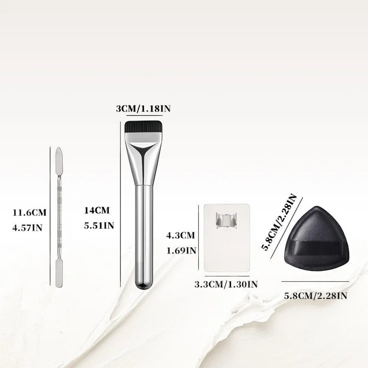 Waf Store Lebanon 4-piece makeup mixing kit with stainless steel spatula, palette, foundation brush, and powder puff.