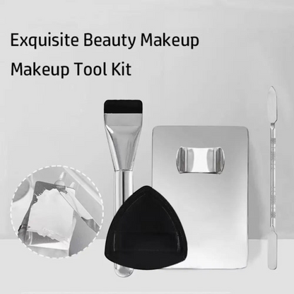 Waf Store Lebanon 4-piece makeup mixing kit with stainless steel palette, spatula, foundation brush, and powder puff.