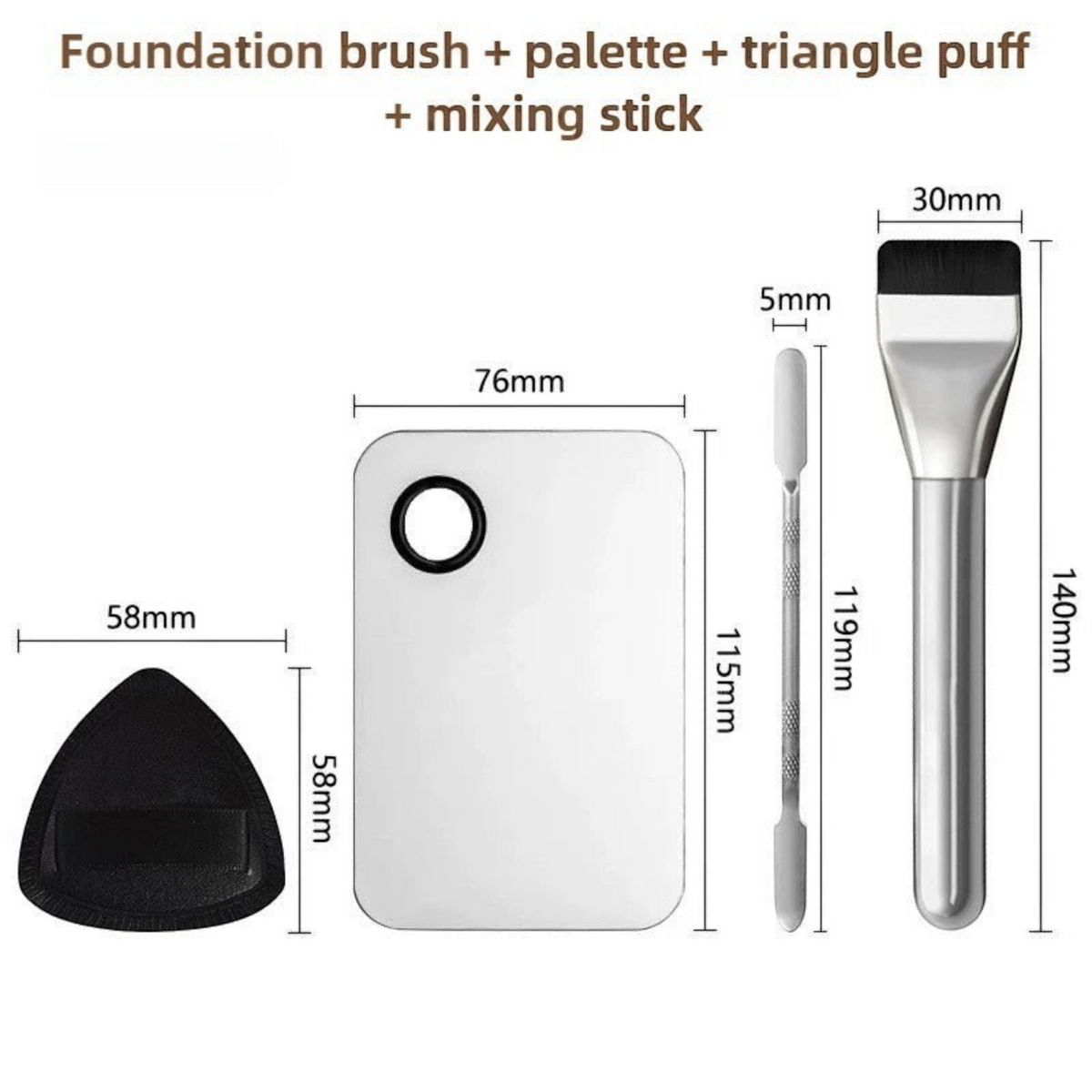 Waf Store Lebanon 4-piece makeup tool kit with stainless steel palette, spatula, foundation brush, and triangle puff.