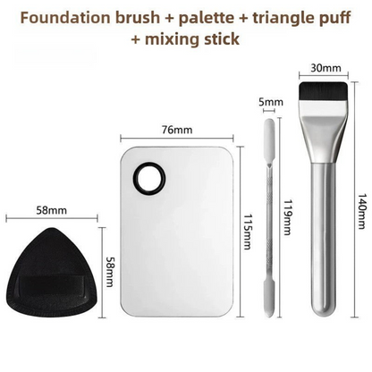 Waf Store Lebanon 4-piece makeup tool kit with stainless steel palette, spatula, foundation brush, and triangle puff.