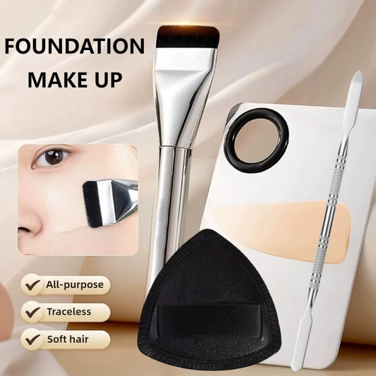 Waf Store Lebanon 4-piece makeup tool kit with stainless steel mixing palette, spatula, foundation brush, and puff.