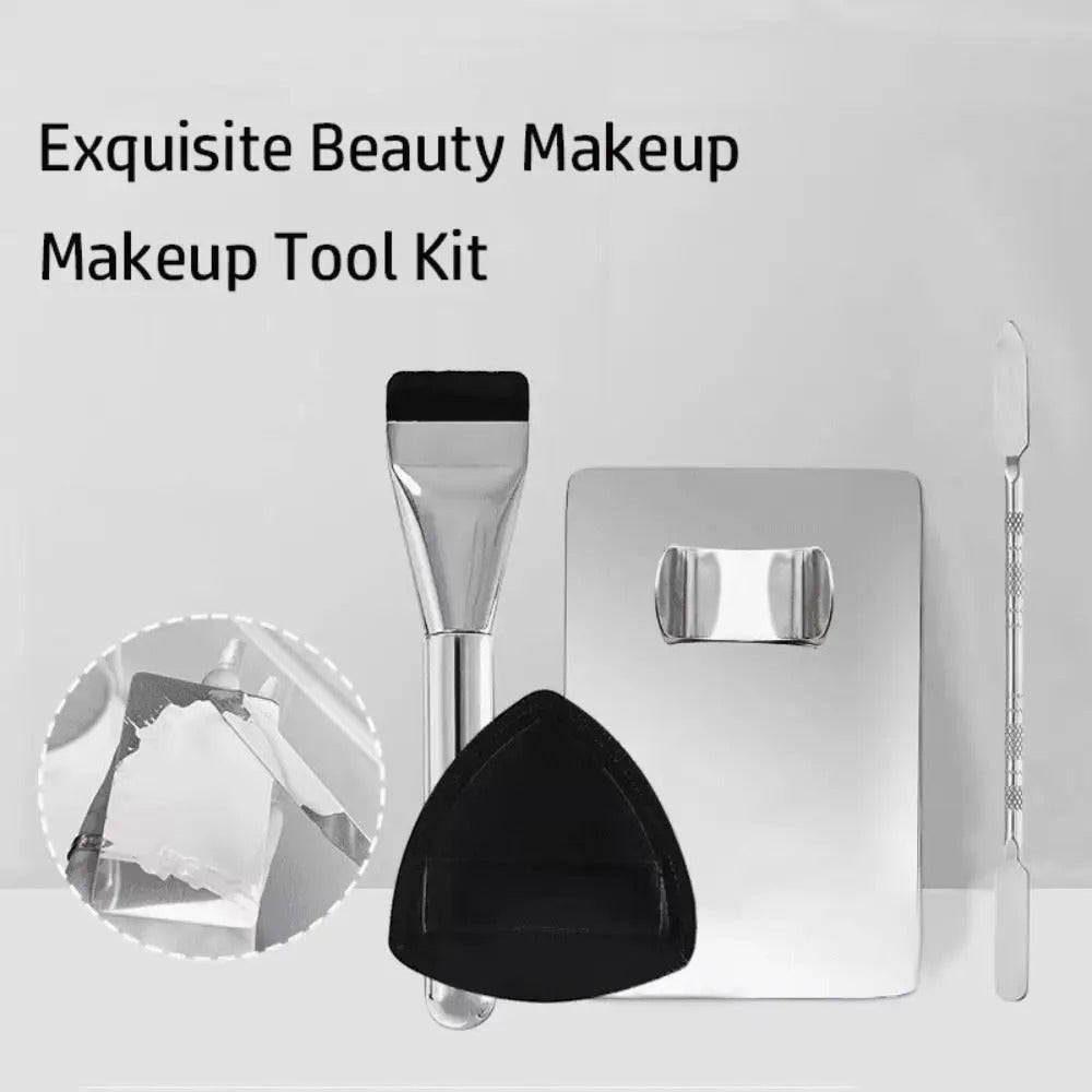 Waf Store Lebanon 4-piece makeup tool kit with stainless steel mixing palette, spatula, foundation brush, and puff.