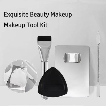 Waf Store Lebanon 4-piece makeup tool kit with stainless steel mixing palette, spatula, foundation brush, and puff.