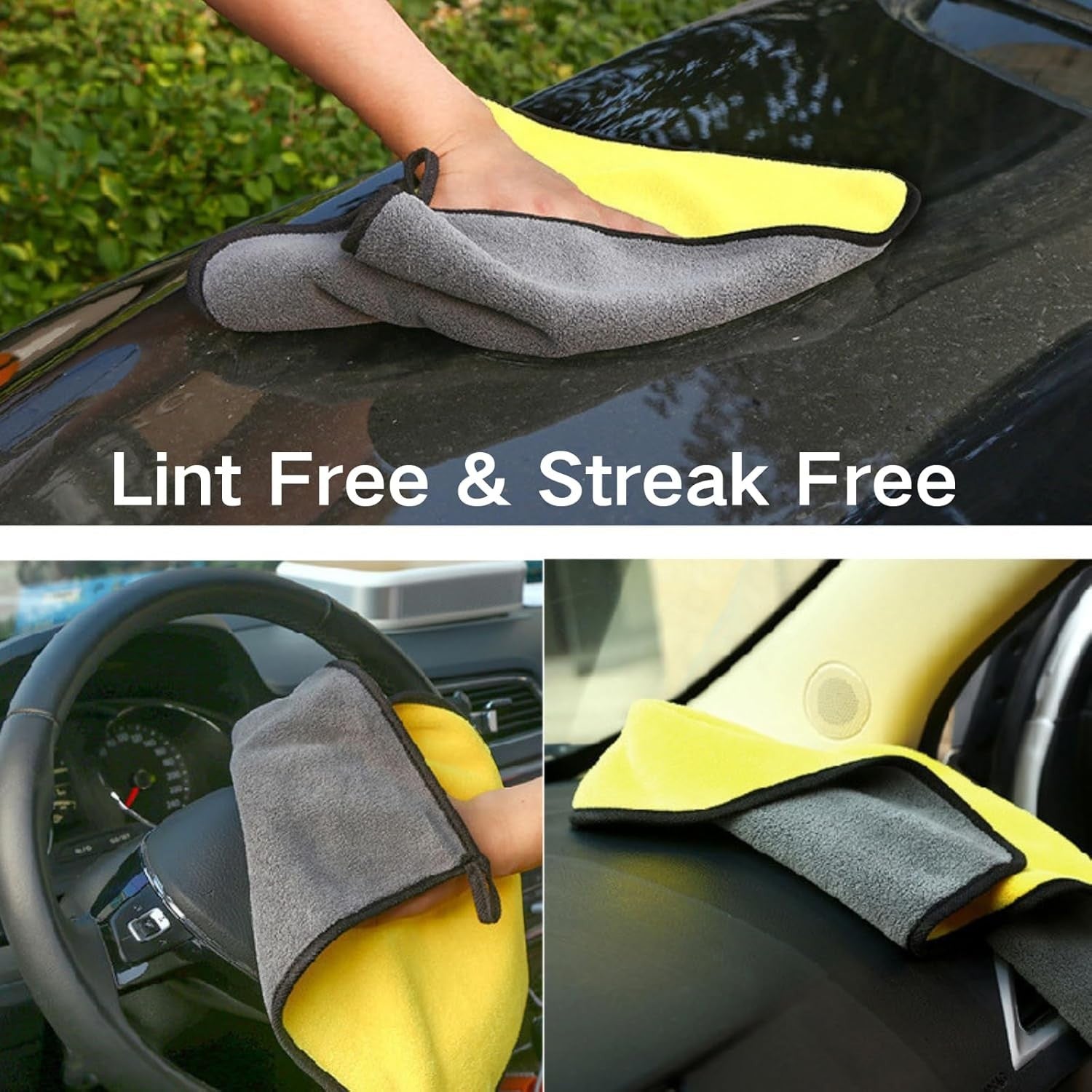Waf Store Lebanon dual-sided yellow and grey coral fleece microfiber towel cleaning a car dashboard and exterior