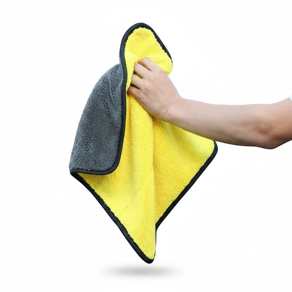 Waf Store Lebanon dual-sided yellow and grey coral fleece microfiber car wash towel with soft silk-banded edges.