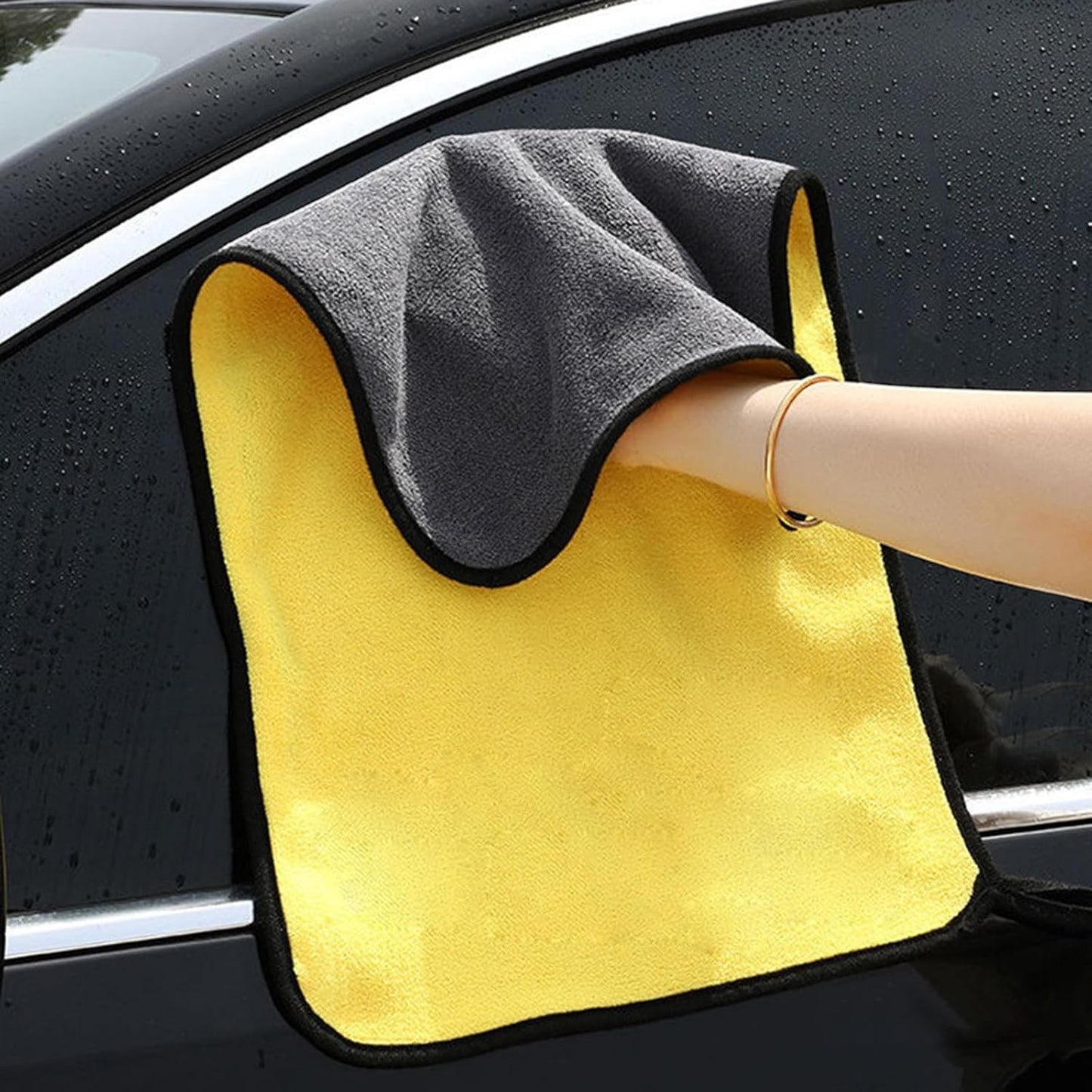Waf Store Lebanon dual-sided yellow and grey coral fleece microfiber car wash towel with soft silk-banded edges.