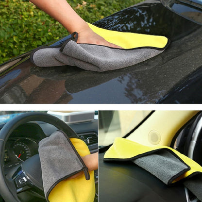 Waf Store Lebanon dual-sided yellow and grey coral fleece microfiber car wash towel cleaning a vehicle interior and hood