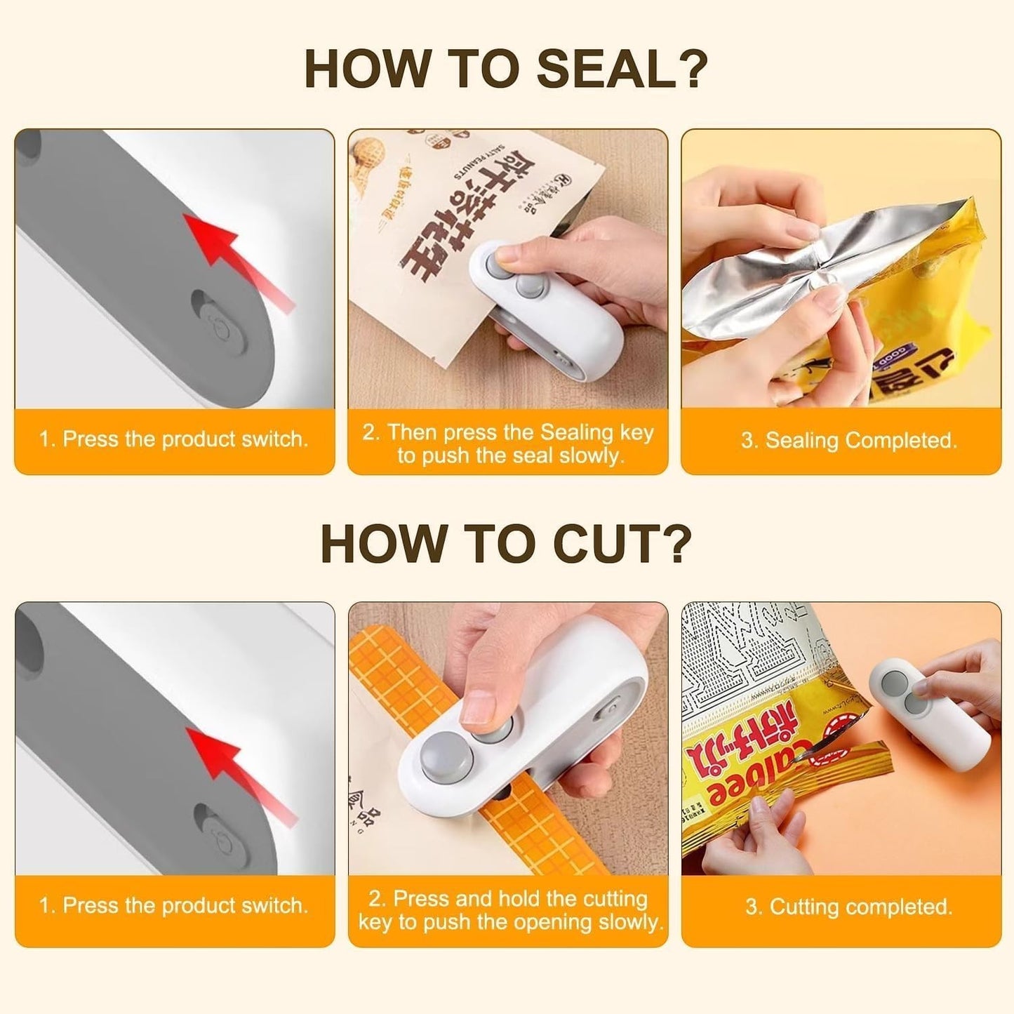 Waf Store Lebanon 2-in-1 portable USB rechargeable mini bag sealer and cutter demonstrating how to seal and cut bags