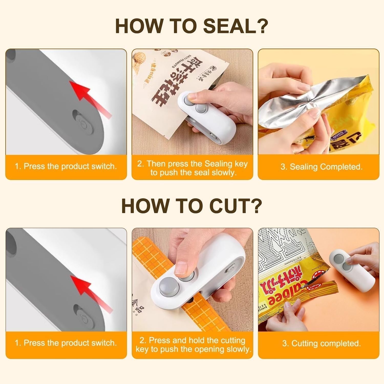 Waf Store Lebanon 2-in-1 portable USB rechargeable mini bag sealer and cutter demonstrating how to seal and cut bags