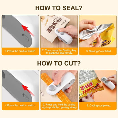 Waf Store Lebanon 2-in-1 portable USB rechargeable mini bag sealer and cutter demonstrating how to seal and cut bags