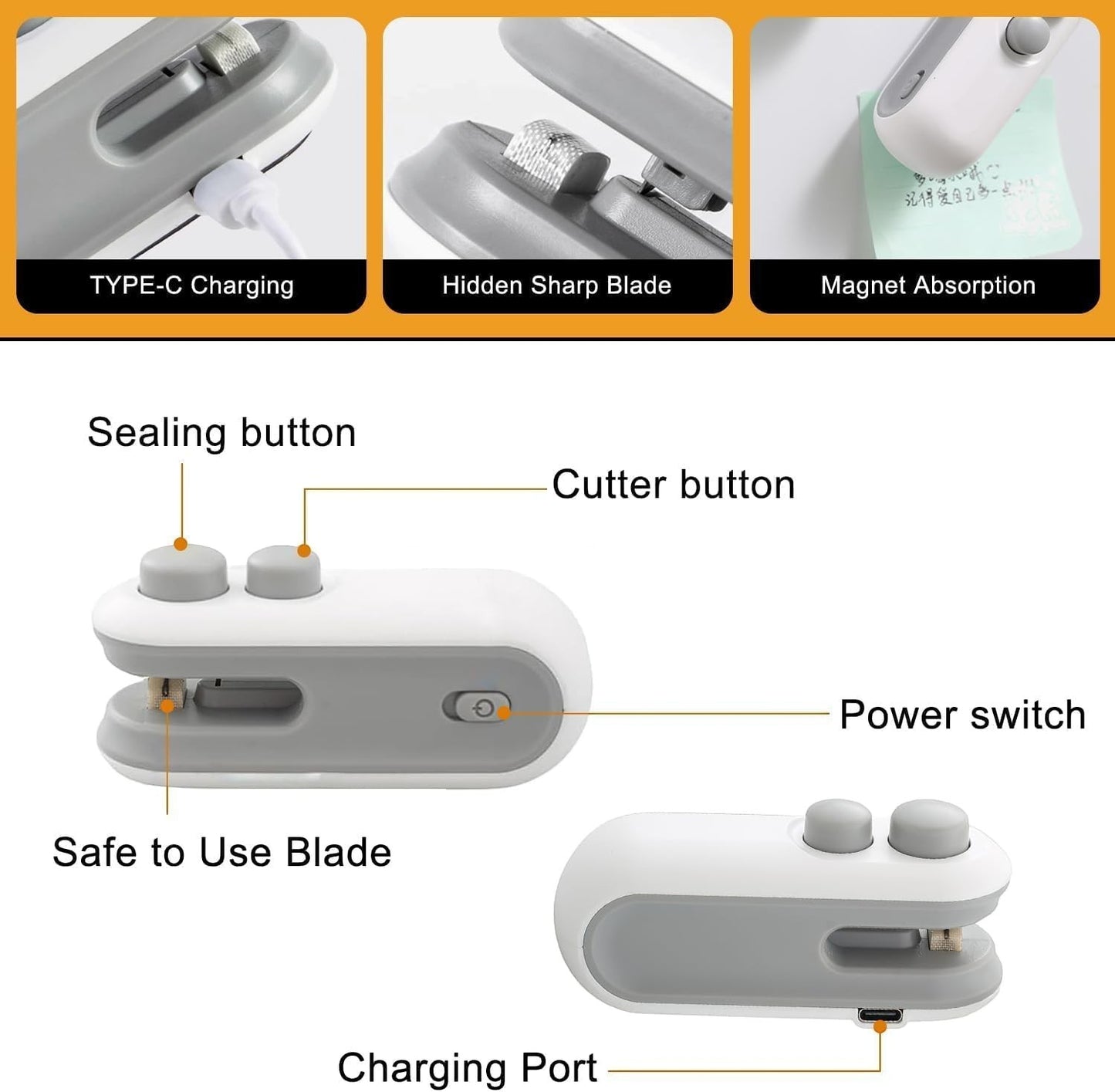 Waf Store Lebanon 2-in-1 portable mini bag sealer and cutter with USB-C charging, magnetic back, and safety blade.
