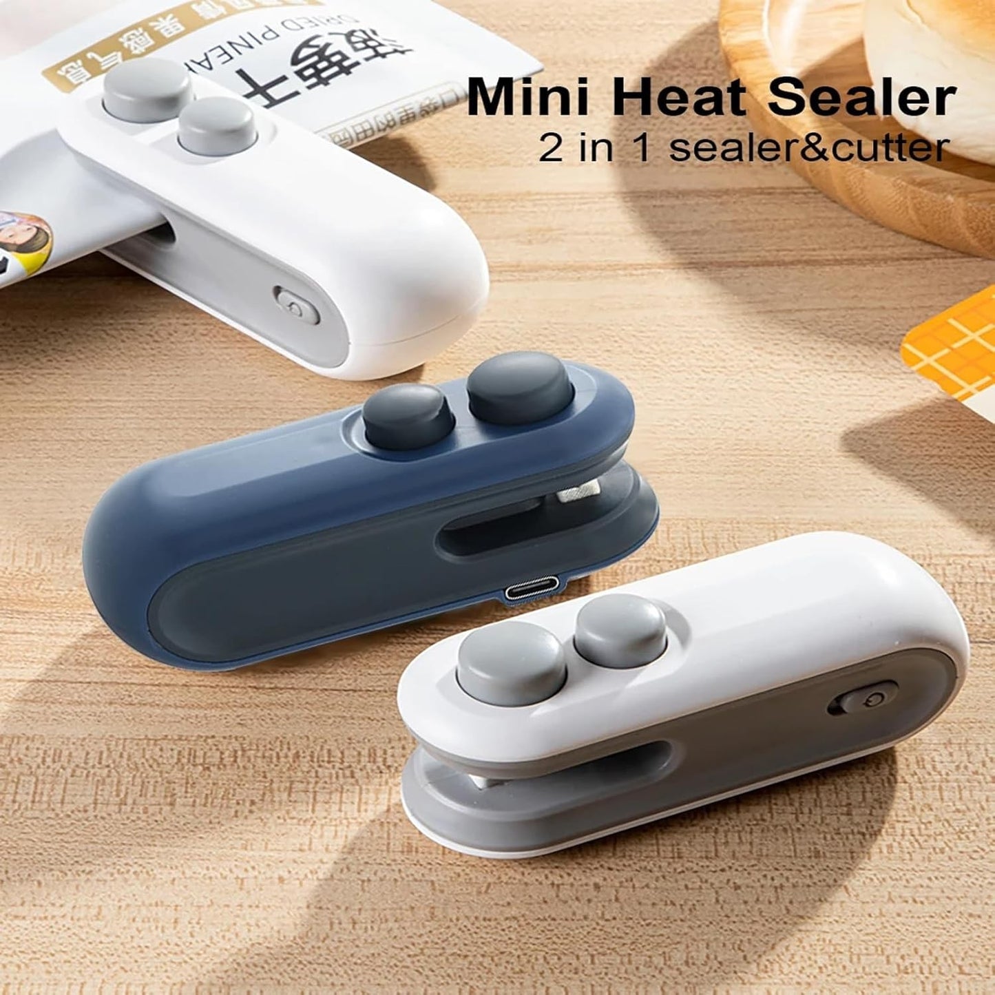 Waf Store Lebanon 2 in 1 mini bag sealer and cutter in white and blue, portable USB rechargeable kitchen tool.