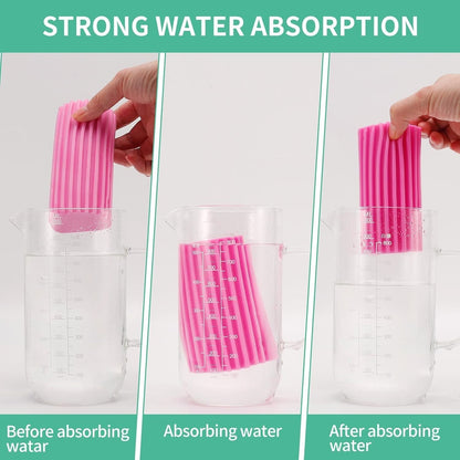 Waf Store Lebanon pink PVA damp duster sponge demonstrating high water absorption in a glass measuring cup