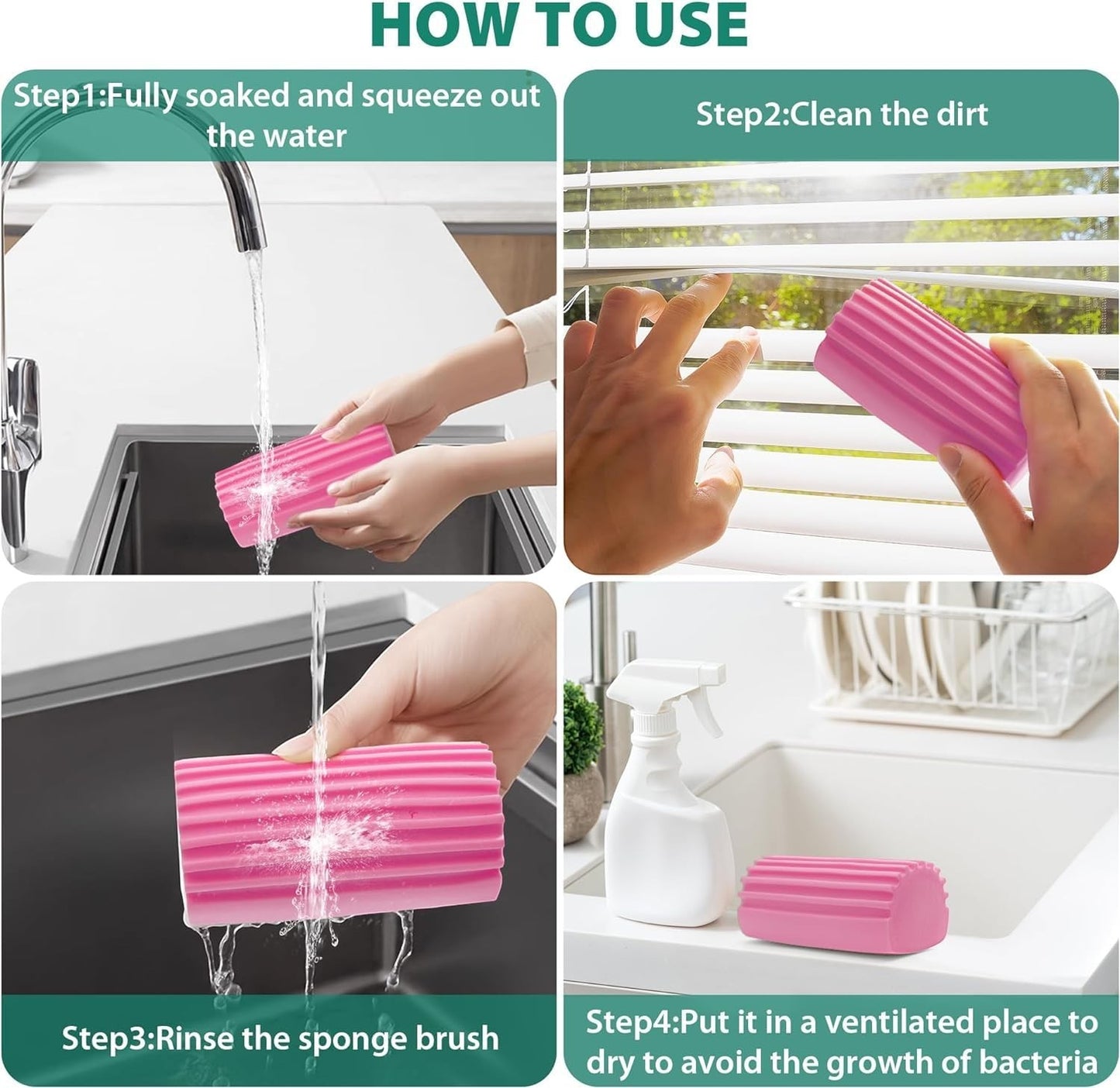 Waf Store Lebanon pink double-sided damp duster sponge showing cleaning steps for blinds and kitchen surfaces