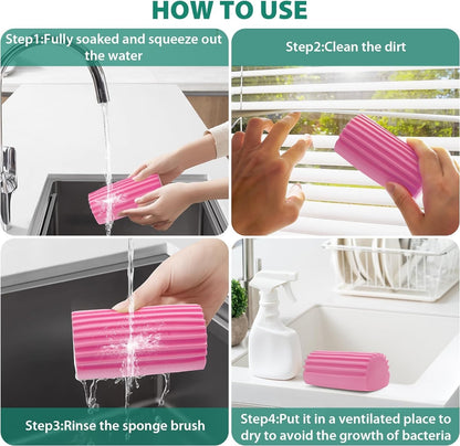 Waf Store Lebanon pink double-sided damp duster sponge showing cleaning steps for blinds and kitchen surfaces