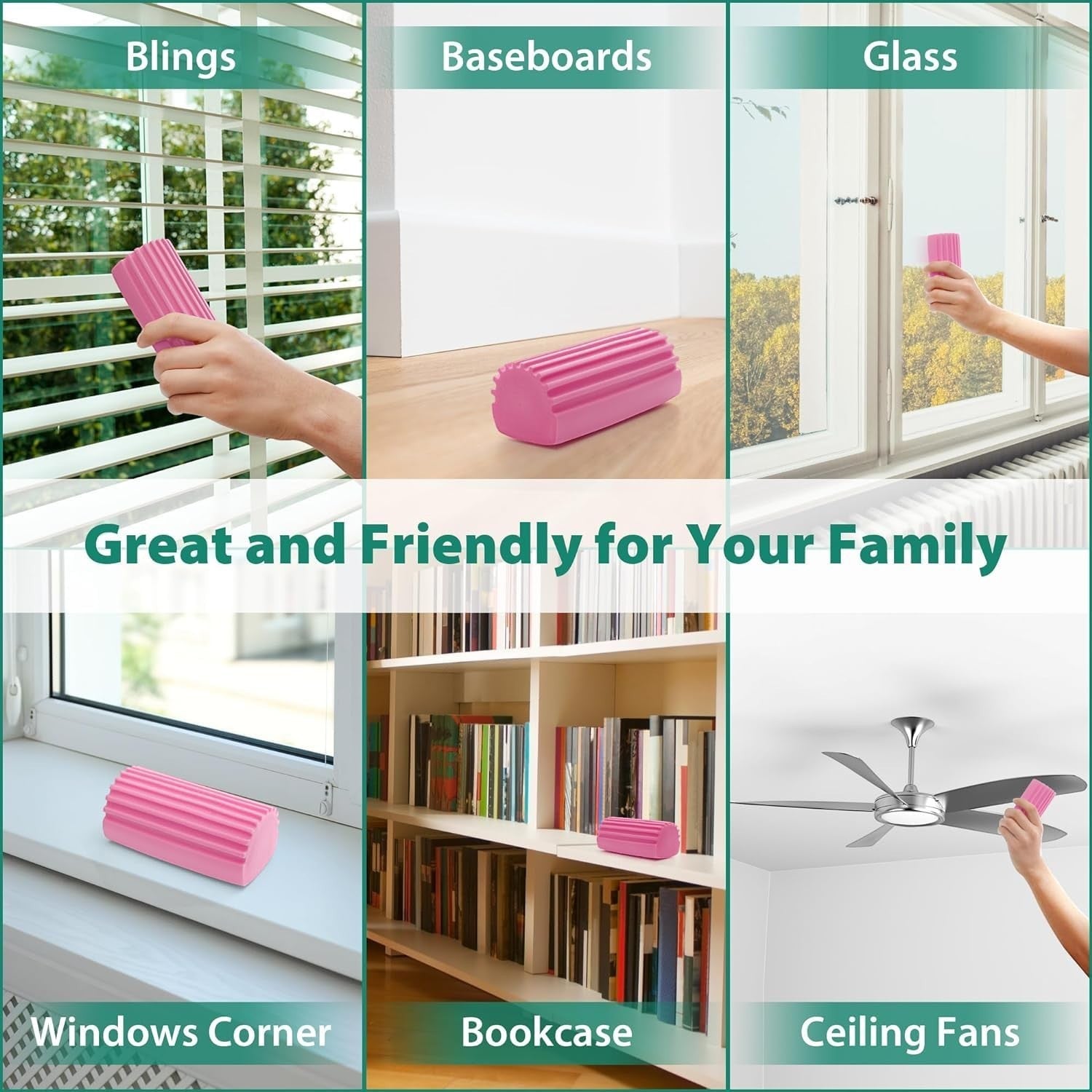 Waf Store Lebanon pink double-sided PVA damp duster sponge cleaning blinds, baseboards, glass, and ceiling fans.