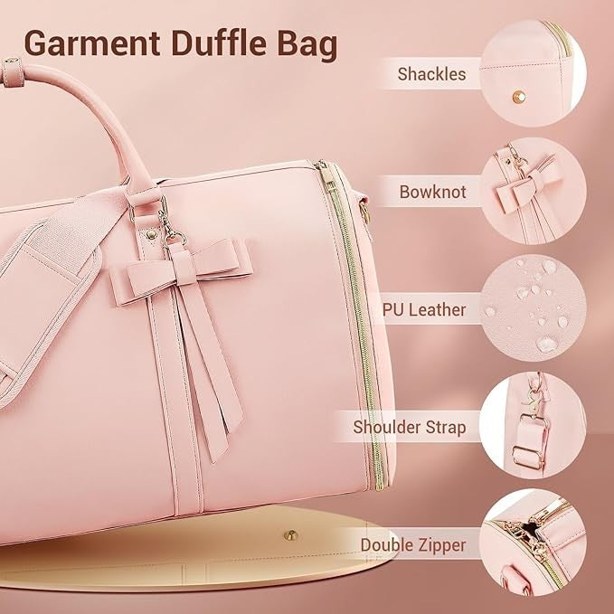 Waf Store Lebanon pink PU leather garment duffel bag with bow detail, shoulder strap, and gold zippers.