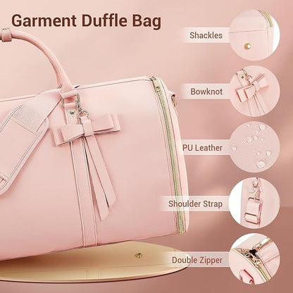Waf Store Lebanon pink PU leather garment duffel bag with bow detail, shoulder strap, and gold zippers.
