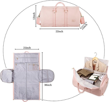 Waf Store Lebanon pink waterproof PU leather convertible garment duffel bag showing interior pockets and layout.