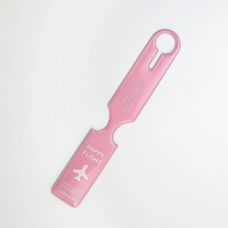 Waf Store Lebanon pink PVC luggage tag with Happy Flight airplane graphic and flexible loop for suitcase identification