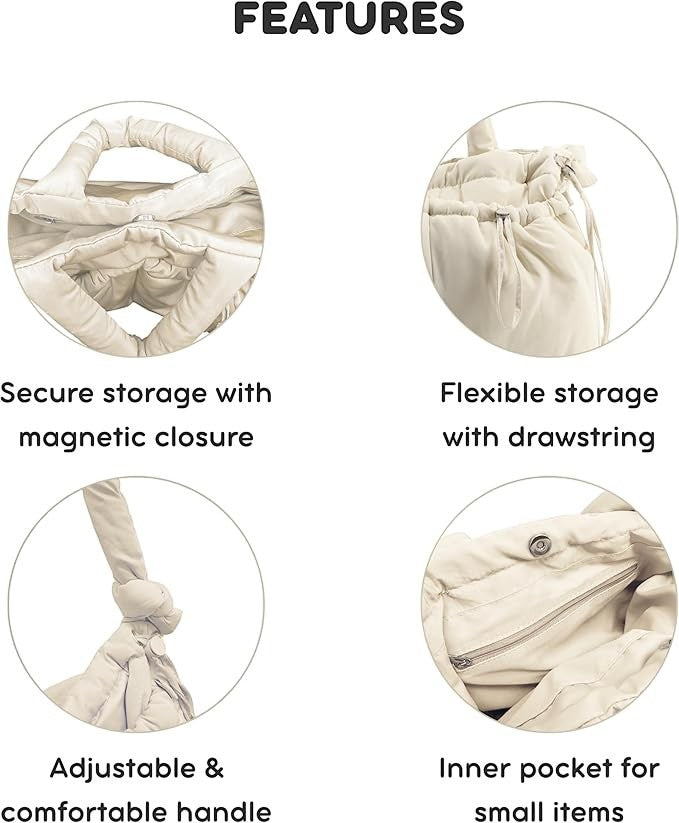 Waf Store Lebanon beige puffer tote bag features, showing magnetic closure, drawstring, adjustable strap, and pocket.
