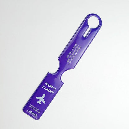 Waf Store Lebanon purple flexible PVC luggage tag with Happy Flight airplane graphic and address space on back