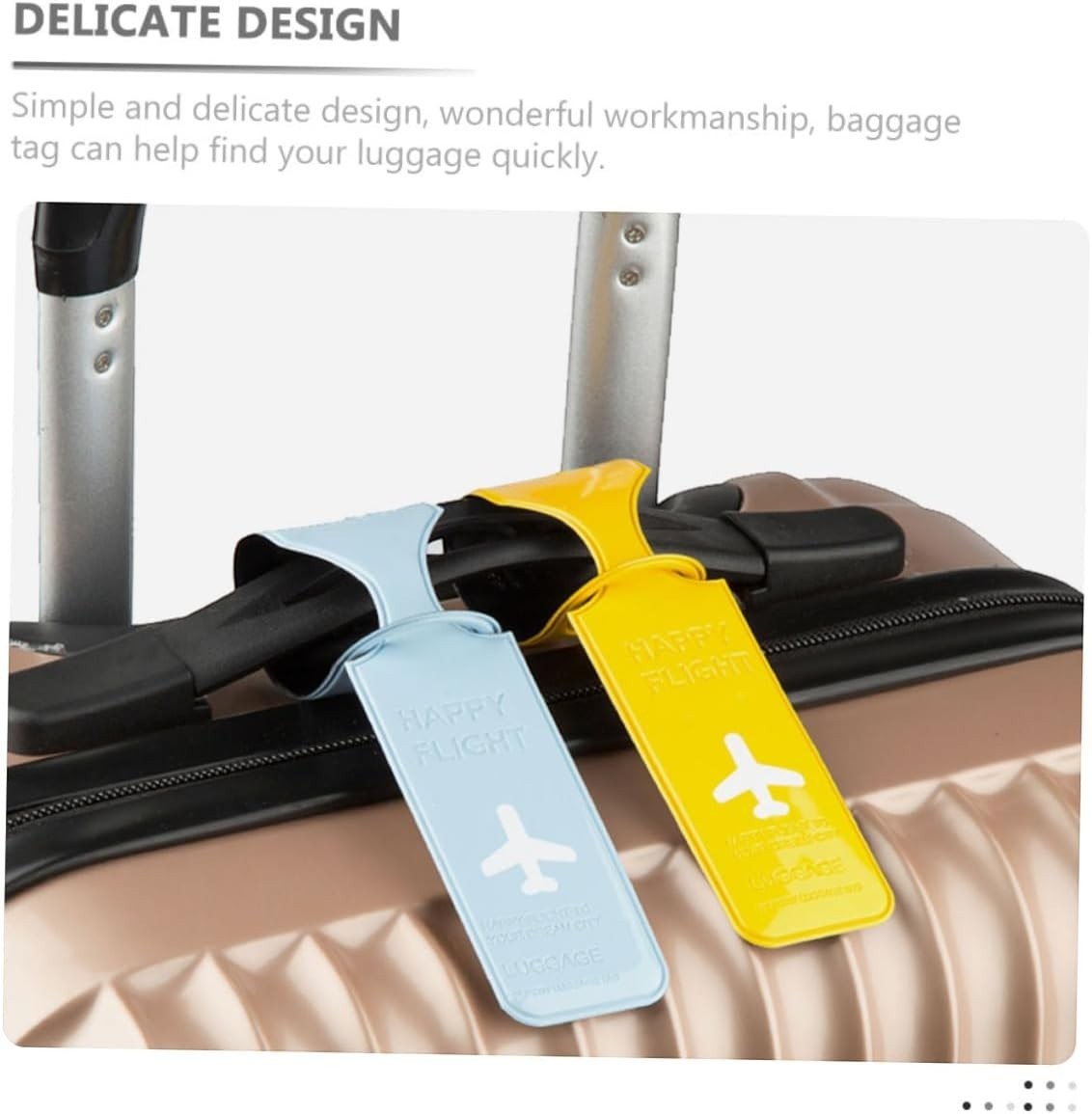 Waf Store Lebanon flexible PVC luggage tags in light blue and yellow with Happy Flight airplane icons on a suitcase