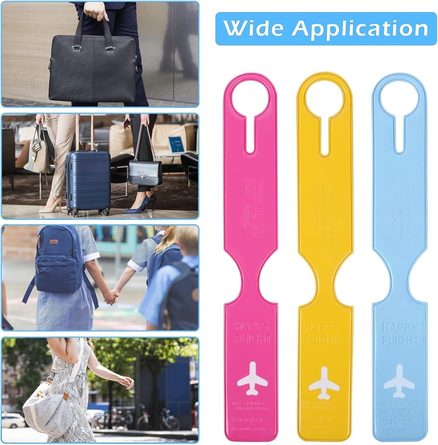 Waf Store Lebanon flexible PVC luggage tags in pink, yellow, and blue with airplane icons for easy suitcase ID