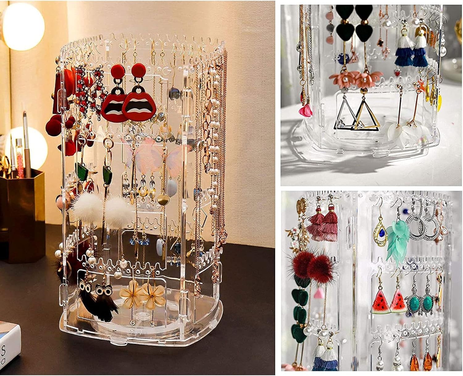 Waf Store Lebanon rotating clear acrylic jewelry organizer stand with multiple hooks for earrings and necklaces.
