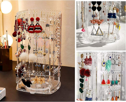 Waf Store Lebanon rotating clear acrylic jewelry organizer stand with multiple hooks for earrings and necklaces.