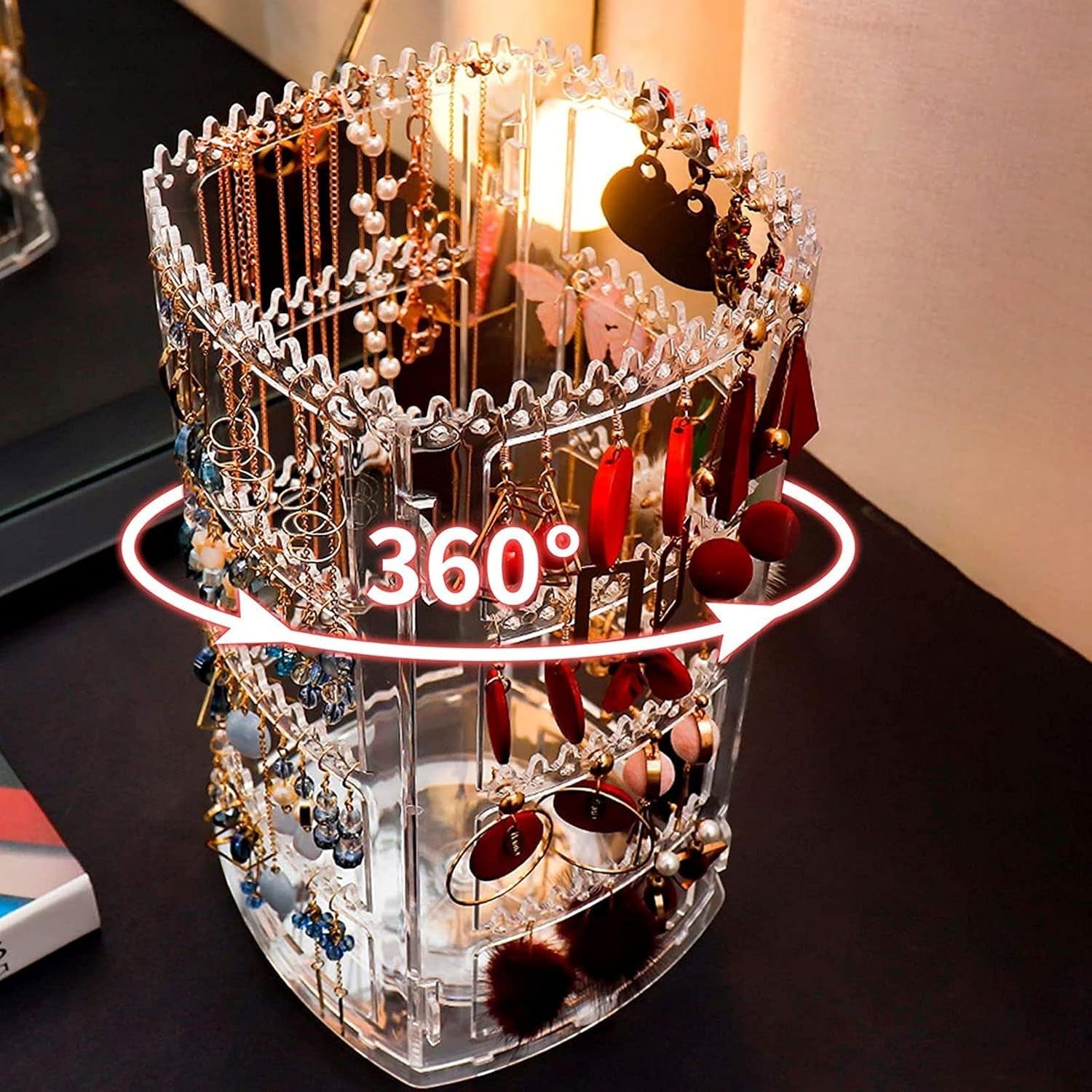 Waf Store Lebanon rotating acrylic jewelry organizer stand with 168 holes for necklaces, earrings, and bracelets.
