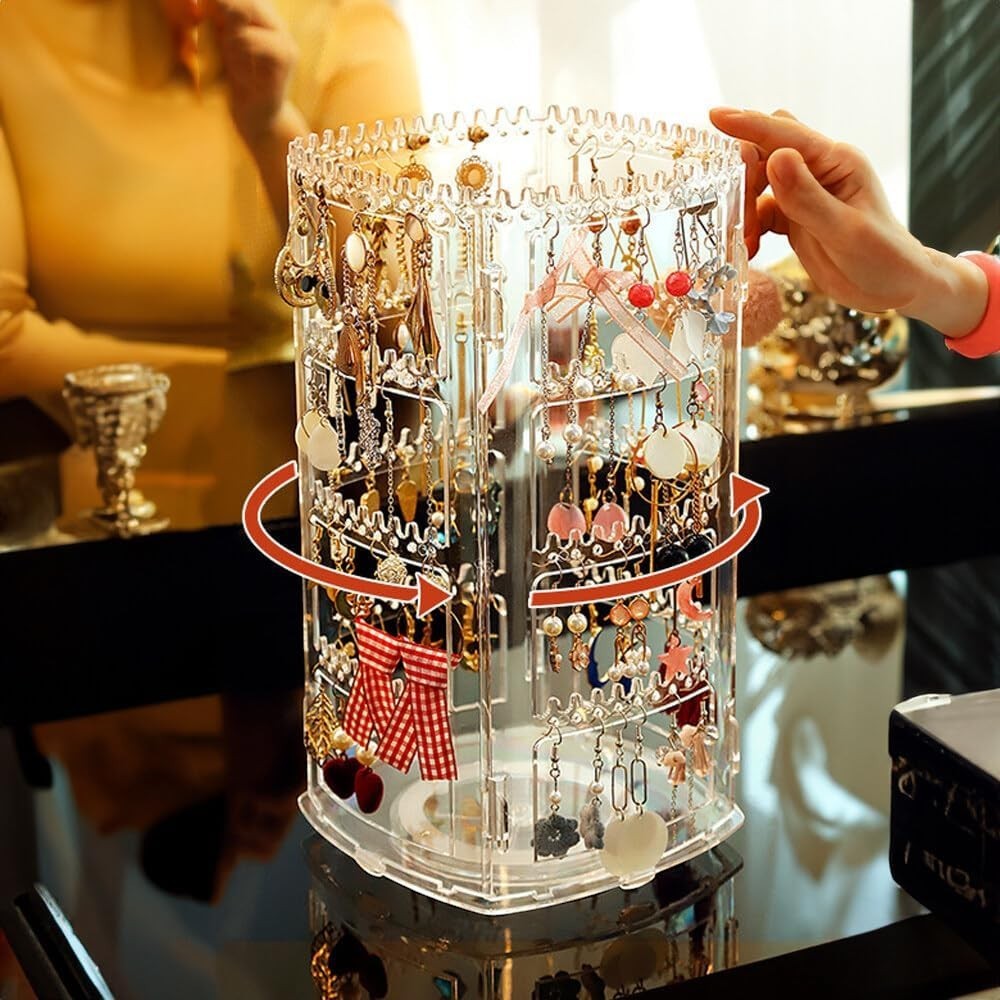 Waf Store Lebanon rotating clear acrylic jewelry organizer stand with hanging necklaces and earrings on a table