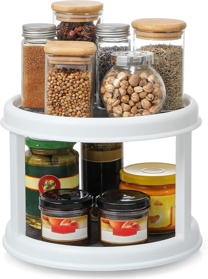 Waf Store Lebanon 2-tier rotating spice organizer with non-skid white plastic shelves holding various glass jars.