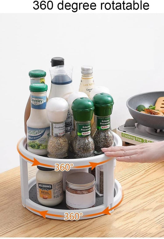 Waf Store Lebanon 2-tier rotating spice organizer with non-skid surface holding various condiment bottles on a table.