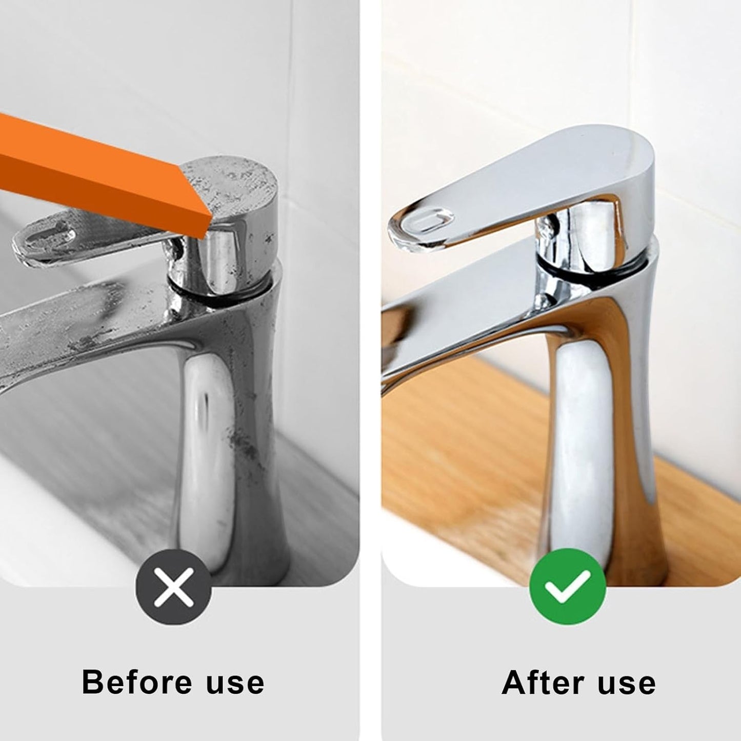 Waf Store Lebanon rust removal eraser showing before and after cleaning a stained chrome bathroom faucet